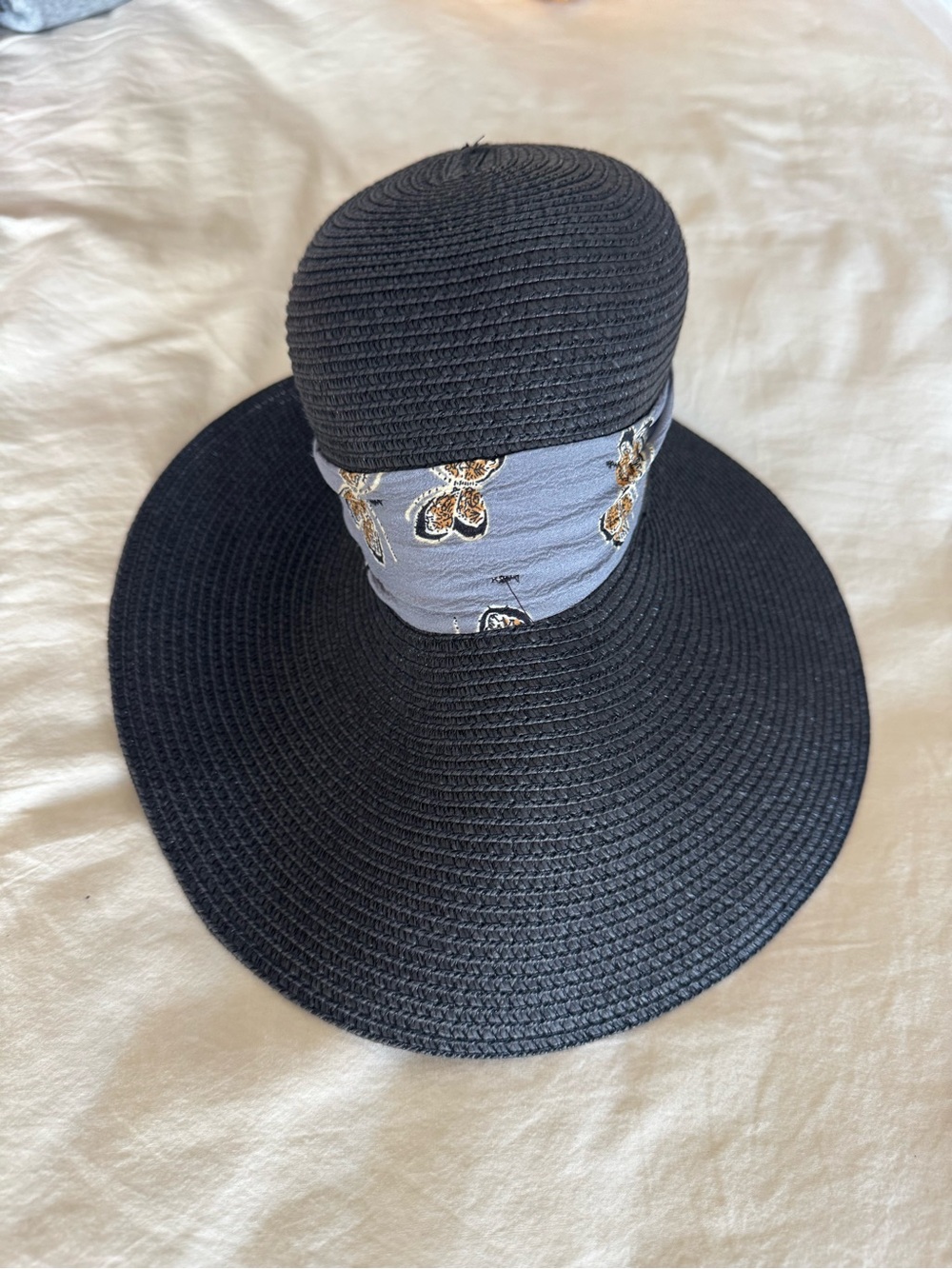 Wide Brim Black Straw Sun Hat with Floral Scarf Accent